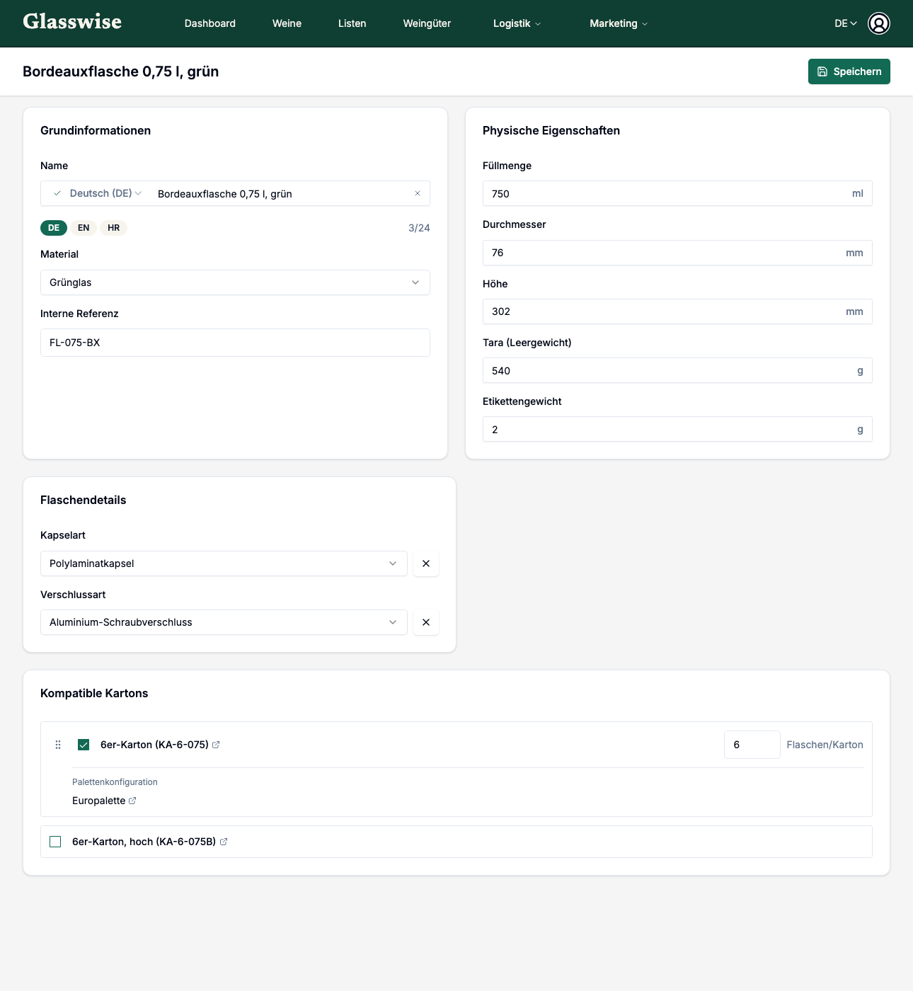 Der Verpackungseinheiten-Editor in Glasswise