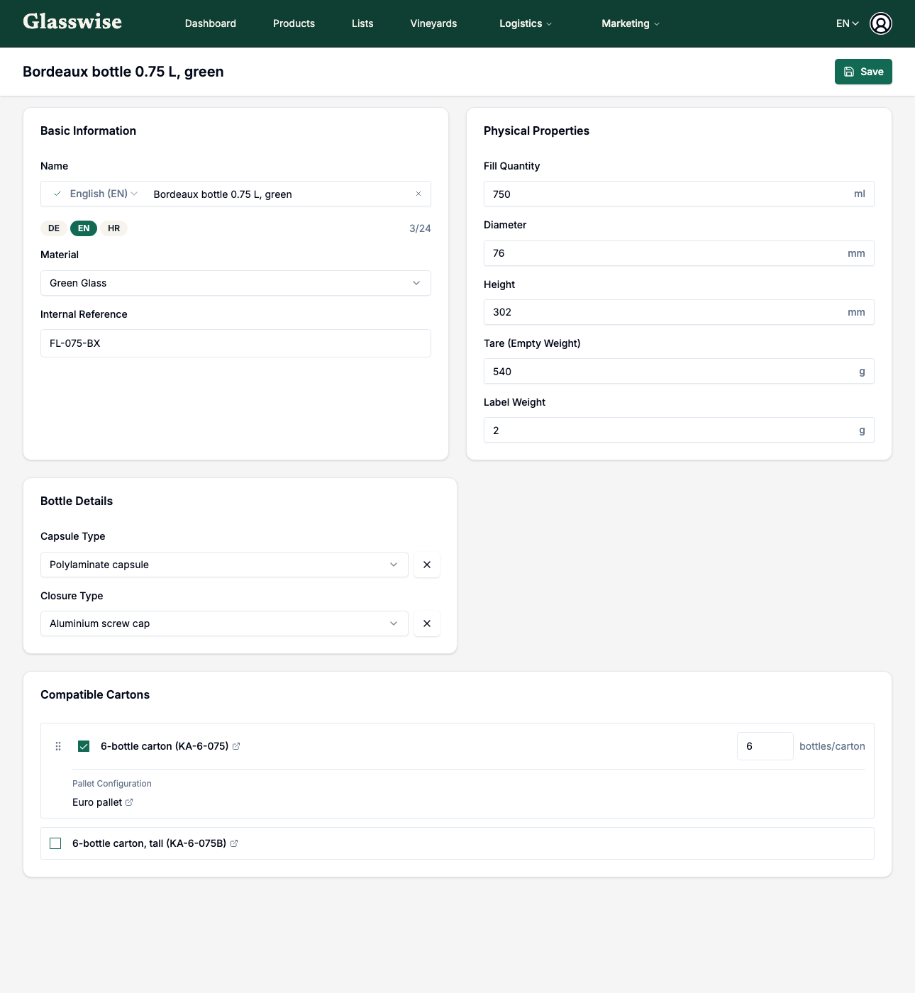 The packaging unit editor in Glasswise